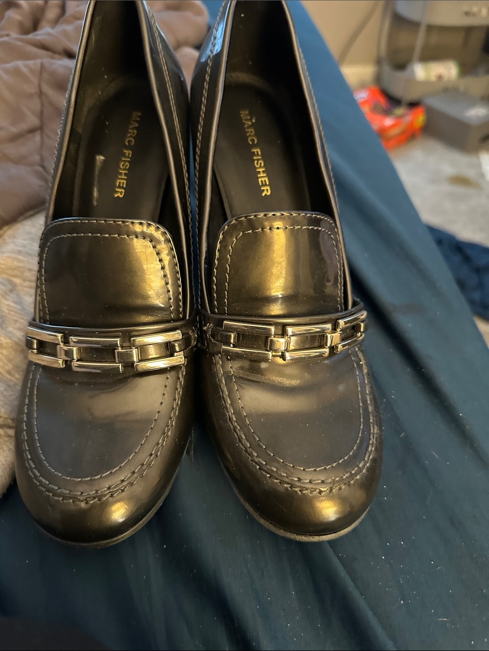 Marc Fisher Classic Black Patent Loafers with Metal Bit